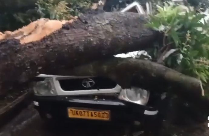 भारी बारिश और तूफान से वाहन हुआ क्षतिग्रस्त, बड़ी दुर्घटना होने से टली