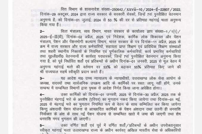 उत्तराखंड में अब इन कर्मचारियों का बढ़ा DA देखिए आदेश