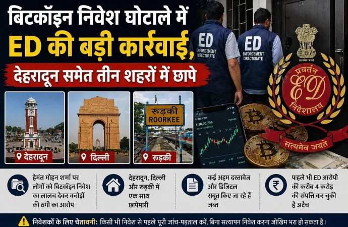 बिटकॉइन निवेश घोटाले में ED की बड़ी कार्रवाई, देहरादून समेत तीन शहरों में छापे