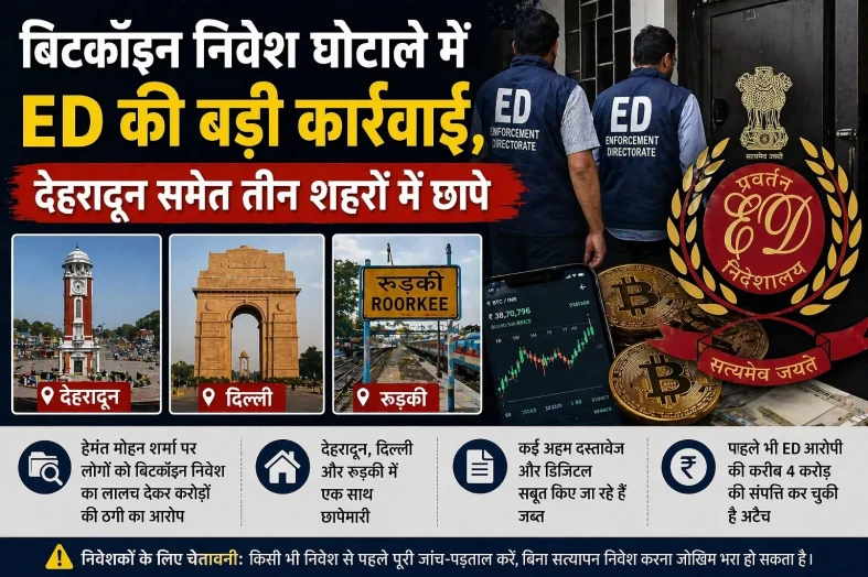 बिटकॉइन निवेश घोटाले में ED की बड़ी कार्रवाई, देहरादून समेत तीन शहरों में छापे
