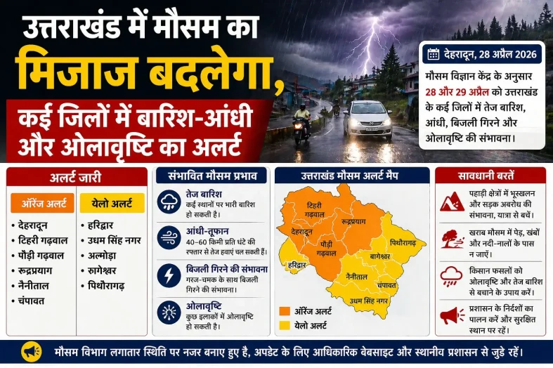 उत्तराखंड में मौसम का मिजाज बदलेगा, कई जिलों में बारिश-आंधी और ओलावृष्टि का अलर्ट