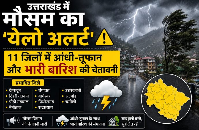 उत्तराखंड में मौसम का ‘येलो अलर्ट’: 11 जिलों में आंधी-तूफान और भारी बारिश की चेतावनी