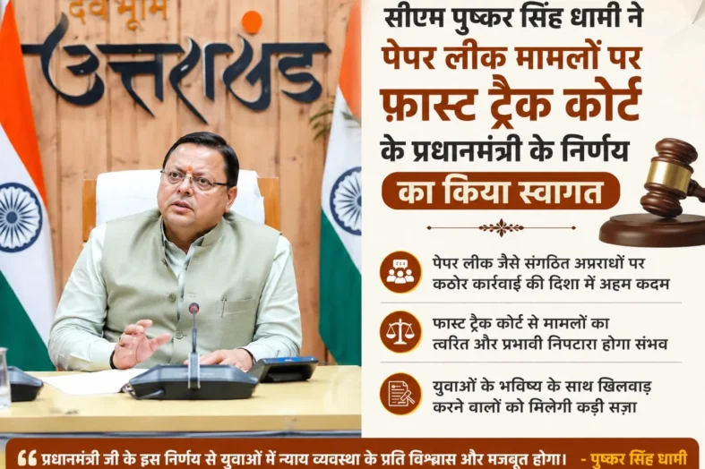 सीएम पुष्कर सिंह धामी ने पेपर लीक मामलों पर फास्ट ट्रैक कोर्ट के प्रधानमंत्री के निर्णय का किया स्वागत