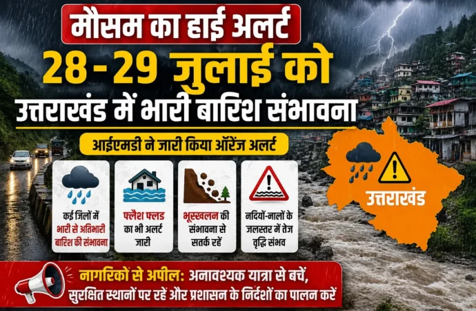 मौसम का हाई अलर्ट: 28-29 जुलाई को उत्तराखंड में भारी बारिश संभावना, नागरिकों से सतर्क रहने की अपील