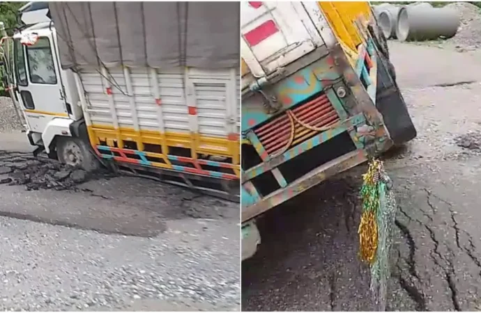 मैठाणा में फिर धंसा बदरीनाथ हाईवे, ट्रक फंसा; करोड़ों के उपचार पर उठे सवाल