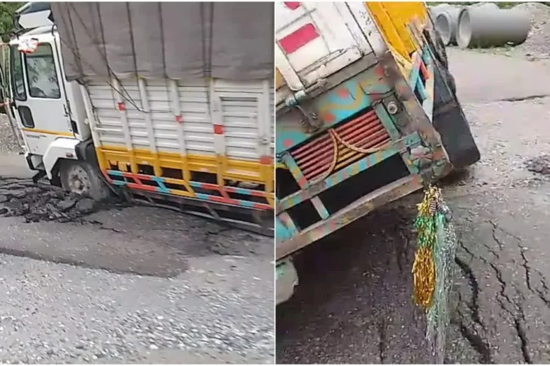 मैठाणा में फिर धंसा बदरीनाथ हाईवे, ट्रक फंसा; करोड़ों के उपचार पर उठे सवाल