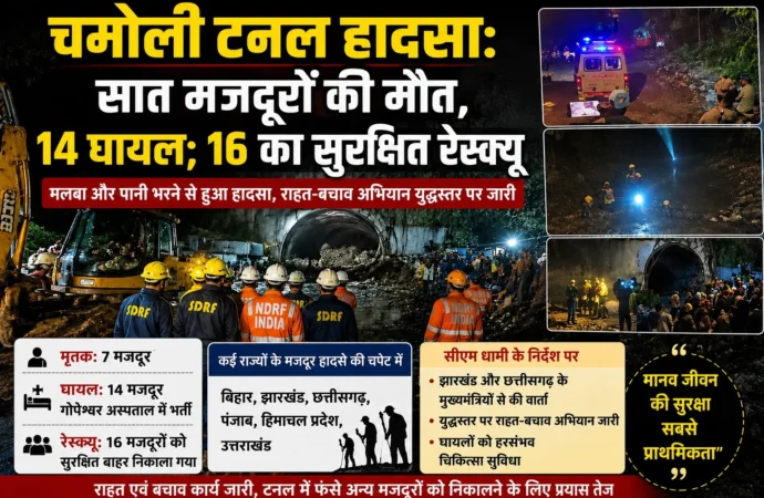 चमोली टनल हादसा: सात मजदूरों की मौत, 14 घायल; 16 का सुरक्षित रेस्क्यू
