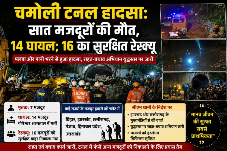 चमोली टनल हादसा: सात मजदूरों की मौत, 14 घायल; 16 का सुरक्षित रेस्क्यू