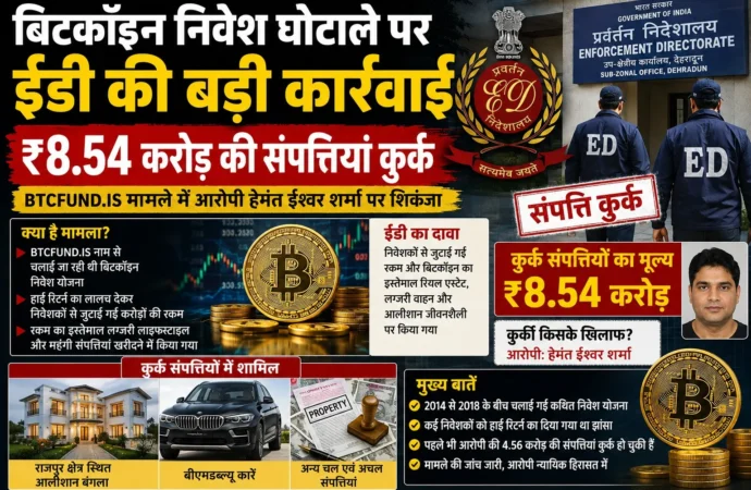 बिटकॉइन निवेश घोटाले पर ईडी की बड़ी कार्रवाई, ₹8.54 करोड़ की संपत्तियां कुर्क