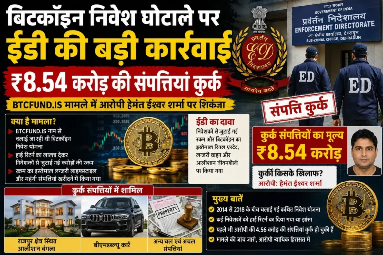 बिटकॉइन निवेश घोटाले पर ईडी की बड़ी कार्रवाई, ₹8.54 करोड़ की संपत्तियां कुर्क