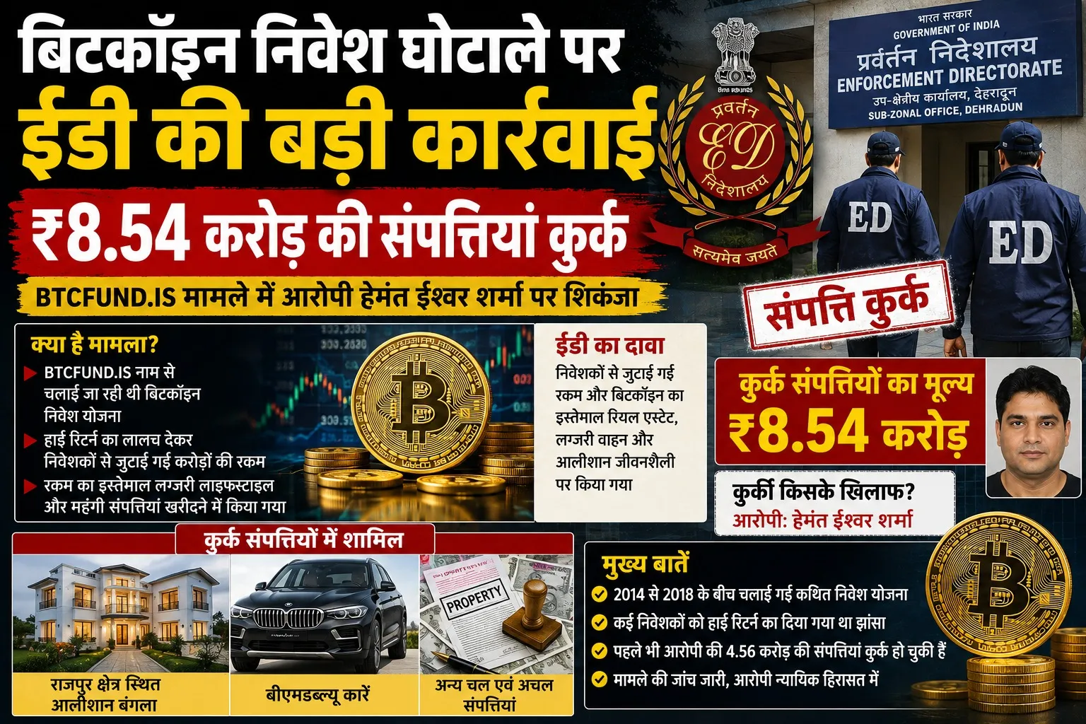 बिटकॉइन निवेश घोटाले पर ईडी की बड़ी कार्रवाई, ₹8.54 करोड़ की संपत्तियां कुर्क