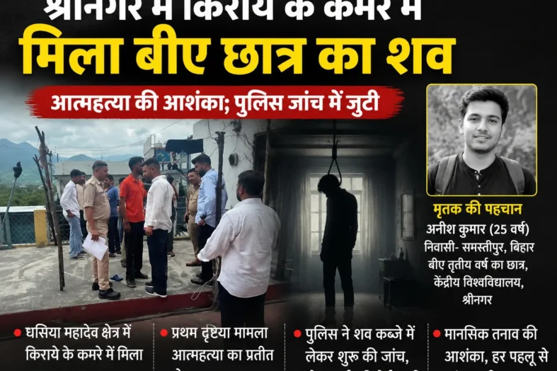 श्रीनगर में किराये के कमरे में मिला बीए छात्र का शव, आत्महत्या की आशंका; पुलिस जांच में जुटी